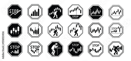 Concept of financial loss and economic downturn portrayed through stop signs with stock market chart patterns