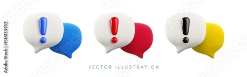 Vector cartoon 3d attention talk icon set. Cute realistic render of speech bubbles with red, blue and blue exclamation mark. Important dialogue, danger message warning sign, problem notice popup.
