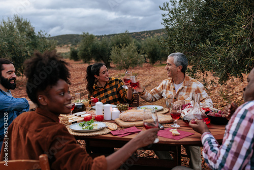 Canvas Print Friends toasting wine glasses during dinner at olive grove farm