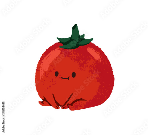 Amusing red tomato sits and smiles. Cute vegetable character with happy emotions on face, positive facial expression relaxes, has a rest. Flat isolated hand drawn illustration on white background
