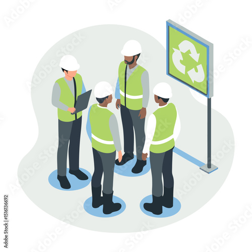 Construction team gathered at the emergency assembly point for a safety planning session and coordination briefing on effective site teamwork.