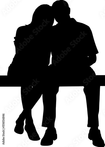 A black and white silhouette of a couple sitting closely side by side. They are seated on a bench, leaning slightly toward one another, heads touching. The woman rests her head on the man's shoulder. 