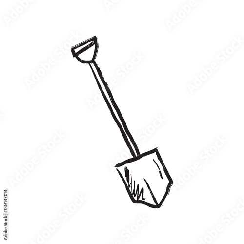 Shovel, an item used for digging, lifting, and moving materials such dirt, sand, snow in black brush stroke texture isolated on white. Hand drawn vector sketch illustration in vintage charcoal ink.