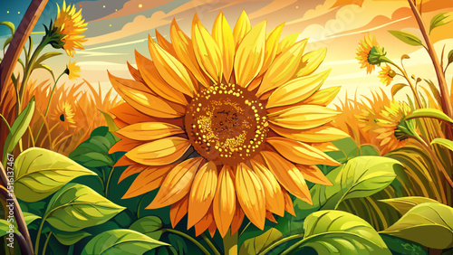 Close-up view of a vibrant sunflower with golden petals and seed-filled center, basking under sunlight in a wild meadow. Nature glows with warm hues around this iconic plant species.

