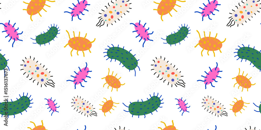 Obraz premium Vector seamless pattern with cartoon simple unicellular organisms, bacteria and viruses. Medicine background with microorganisms under a microscope. Hand drawn pattern for prints, textile