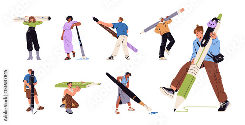 Tiny people with big pens, pencils set. Men and women hold stationery: brushes, highlighters, paintbrushes. Characters are writing, painting, drawing. Flat isolated vector illustrations on white