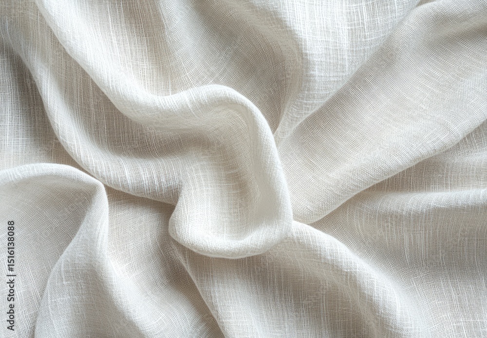 Soft, light cream-colored fabric draped in flowing, textured folds. Close-up view of a natural, woven textile Soft, light cream-colored fabric draped in flowing, textured folds. Close-up view of a natural, woven textile