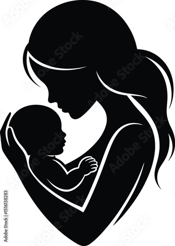 Wallpaper Mural Mother and Child Silhouette: A tender black and white silhouette depicts a mother cradling her baby, symbolizing love, protection, and the bond between them. Torontodigital.ca
