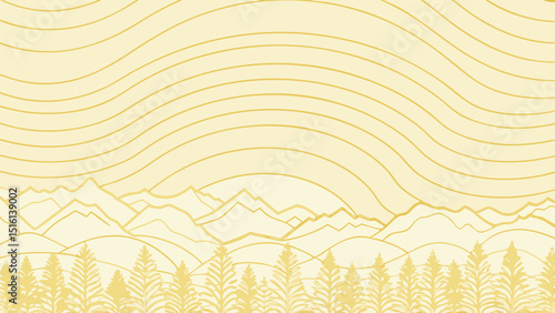 Abstract mountain landscape with line art in soft yellow tones  