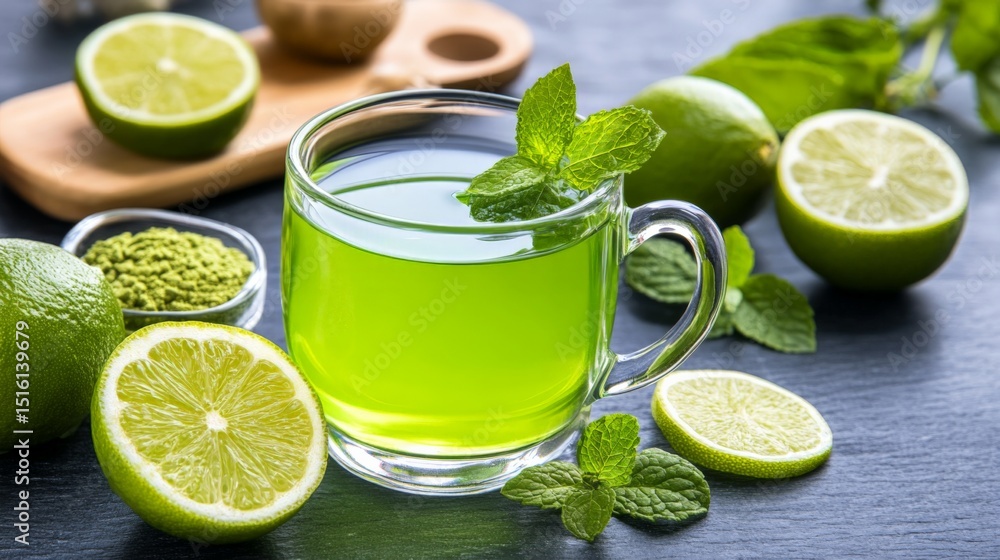 Refreshing lime and mint herbal tea served in a glass cup with fresh limes and mint leaves Refreshing lime and mint herbal tea served in a glass cup with fresh limes and mint leaves