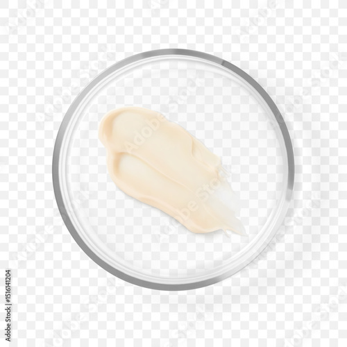Glass petri dish with beige wavy cosmetic cream stroke smear isolated realistic vector illustration. Concept beauty skincare cosmetic laboratory tests and research