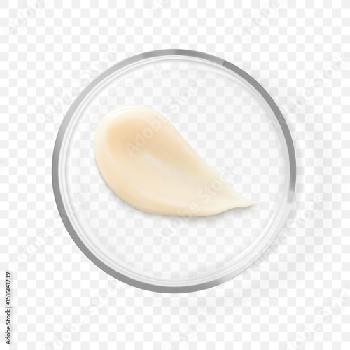 Glass petri dish with beige shampoo smear isolated realistic vector illustration. Concept beauty hair care and skin care cosmetic laboratory tests and research