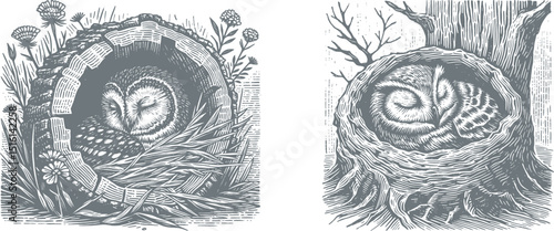 Soft Green Woodcut Illustration of a Sleeping Owl in a Tree Hollow – Vintage Style Engraving Design, Serene Forest Wildlife Scene, Nature-Inspired Art, Rustic Woodland Aesthetic