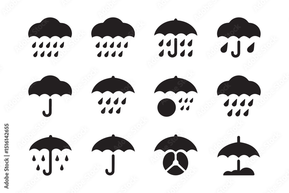 A collection of umbrella icons depicting various weather conditions and protection scenarios A collection of umbrella icons depicting various weather conditions and protection scenarios