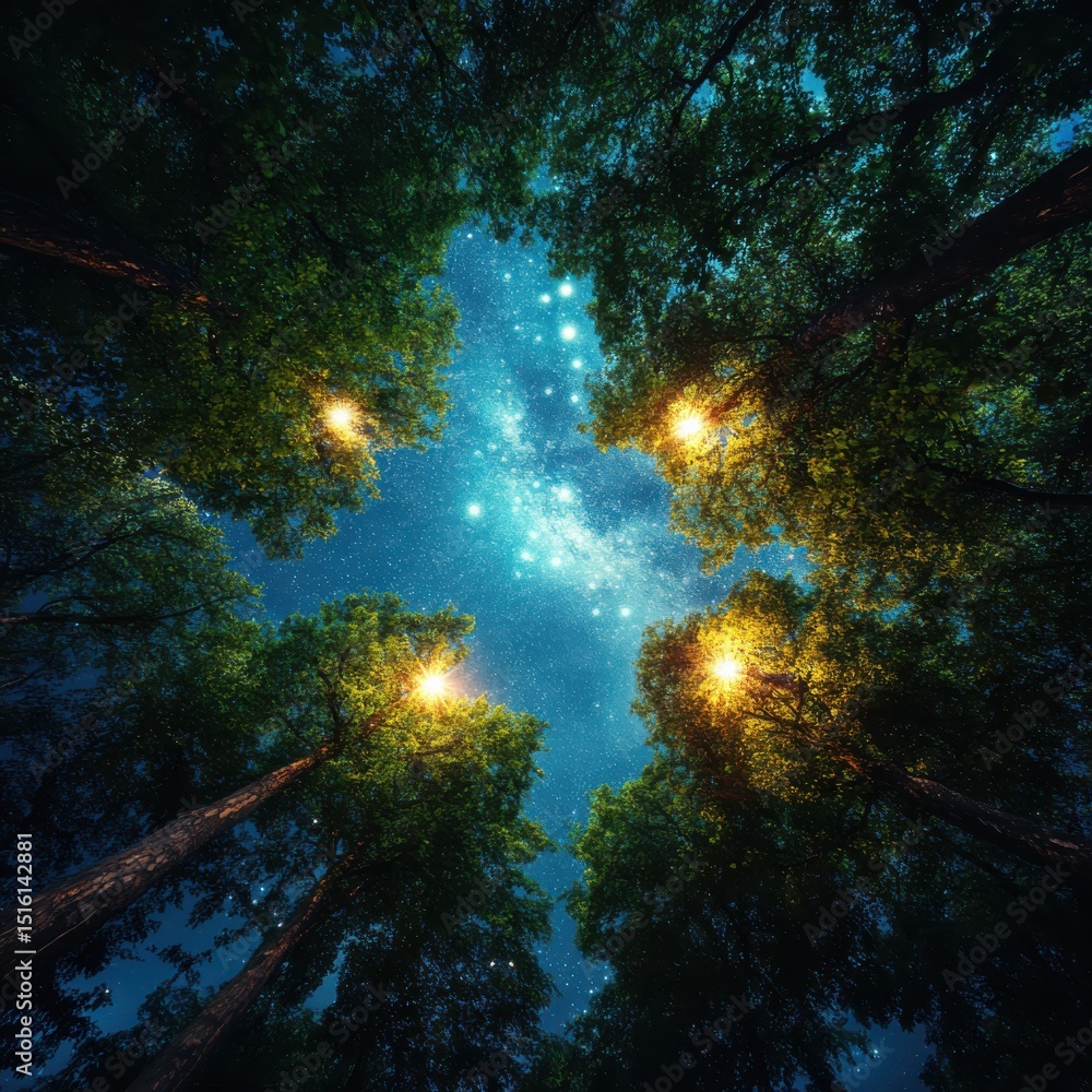 Fototapeta premium Starry night sky above lush forest astrophotography scene tranquil nature unique perspective dreamy atmosphere