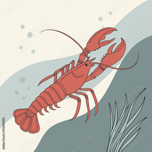 Lobster on the sea background. Simple seafood illustration.
