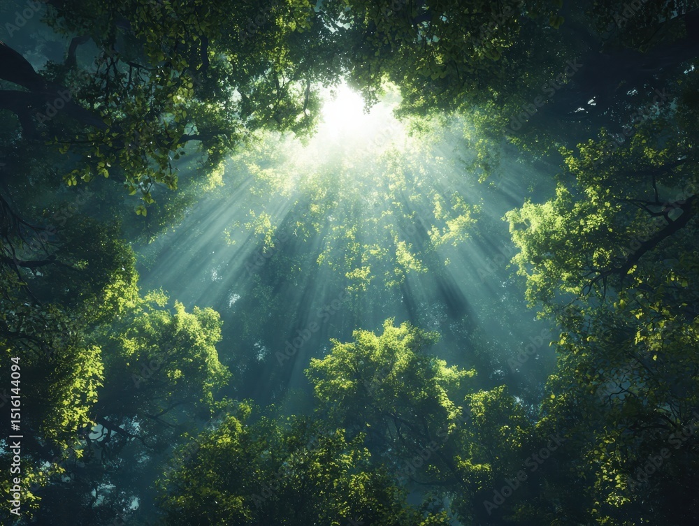 Obraz premium Sunlight filtering through dense green canopy enchanted forest nature scene tranquil environment aerial view serenity