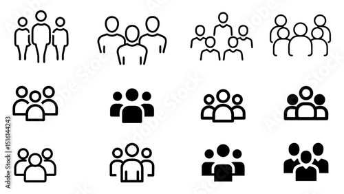 Set Of Minimalist Group And Team Icons In Outline And Solid Style Representing Community And Collaboration On White Background