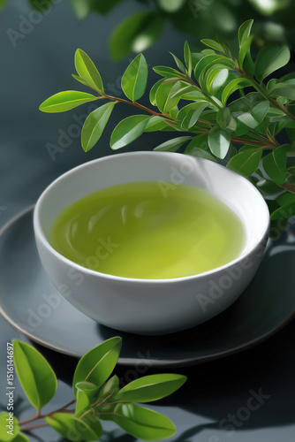 Wallpaper Mural A white bowl of green tea sits on a black plate with green leaves. The bowl is filled with a clear liquid, and the leaves are visible on the plate. Concept of calm and relaxation Torontodigital.ca