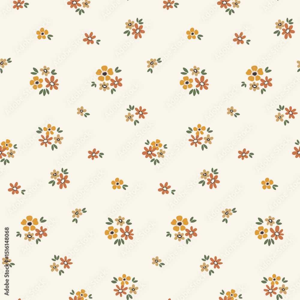 Seamless floral pattern, liberty ditsy print with mini yellow flowers in abstract. Сountry fashion botanical design of small hand drawn flowers, tiny leaves, cute simple bouquets. Vector illustration. Seamless floral pattern, liberty ditsy print with mini yellow flowers in abstract. Сountry fashion botanical design of small hand drawn flowers, tiny leaves, cute simple bouquets. Vector illustration.