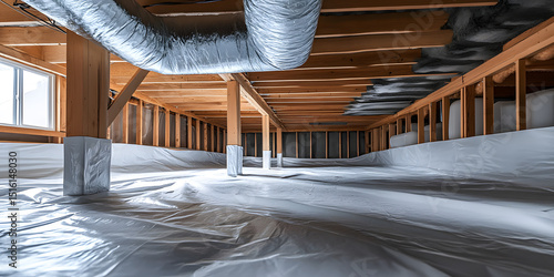 Fototapeta Naklejka Na Ścianę i Meble -  Modern encapsulated crawl space with vapor barrier and insulated ductwork, showcasing energy efficiency, moisture protection, and basement waterproofing