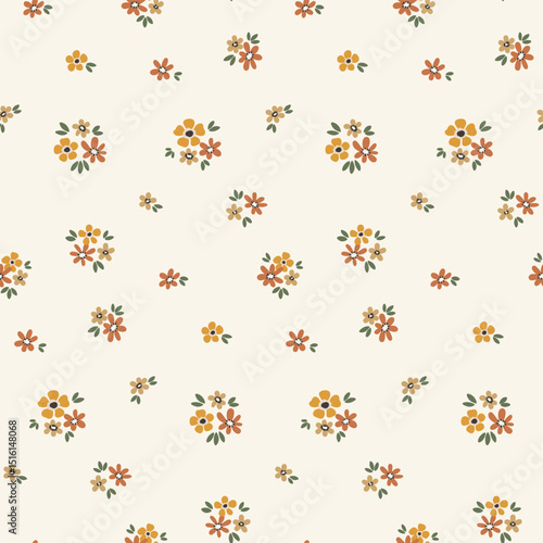 Seamless floral pattern, liberty ditsy print with mini yellow flowers in abstract. Сountry fashion botanical design of small hand drawn flowers, tiny leaves, cute simple bouquets. Vector illustration.