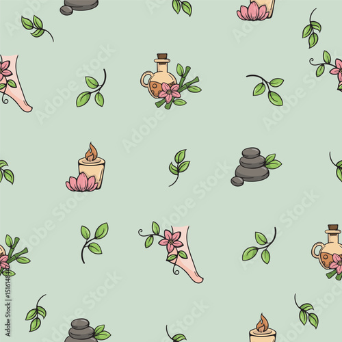 Stones, lotus flower, female feet and cosmetics. SPA procedures. Vector seamless pattern. Bright illustration for background, print, wrapping paper. Repeating pattern on green background