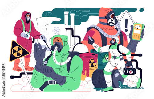 Concept of radiation protection with NPP reactor, nuclear waste. Workers in safety suits measure radioactive danger, hazardous pollution level with Geiger counter. Flat isolated vector illustration