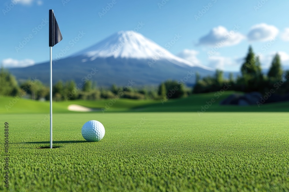 Obraz premium Golf ball on green with mountain background