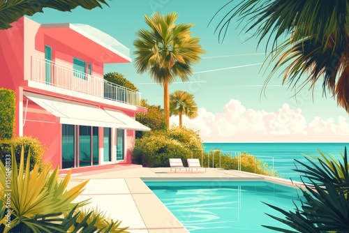 City pop illustration, Vibrant pastel-colored beach house by the sea, bright pink building with white awning, overlooking a turquoise swimming pool