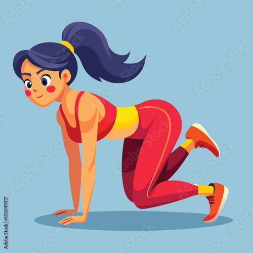 Adobe Cartoon woman in workout gear doing a quadruped exercise. Artwork