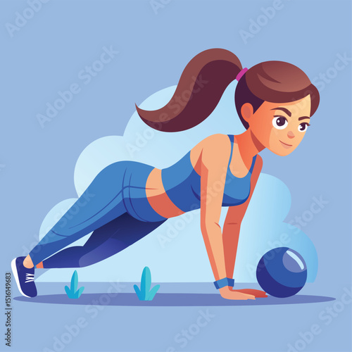 Woman doing push up with ball in blue workout clothes art