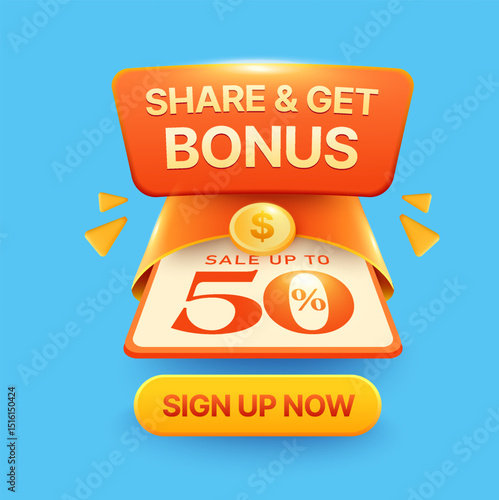 Sign up with bonus with 3d coupon inside an enveloped, bonus badge, isolated on background. Gift voucher for new member. Vector illustration