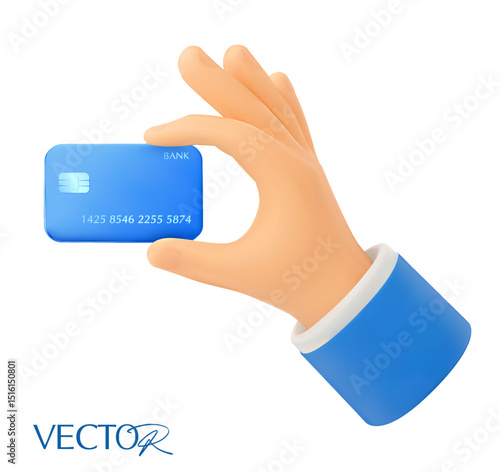 3d hand holding a credit or debit card, isolated on white background. Digital payment icon in 3d vector. Vector illustration