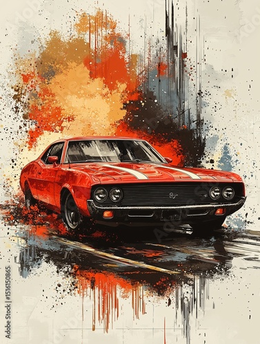 A powerful and artistic illustration of a classic red muscle car, surrounded by dynamic orange, black, and gray paint splatters on a neutral background, evoking speed and raw energy.