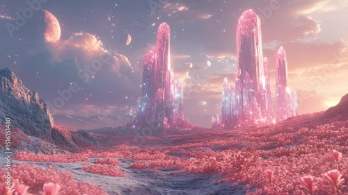 Ethereal landscape with pink crystals and flowers