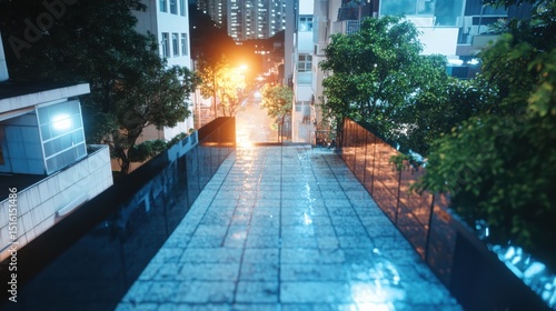 Nighttime cityscape rain reflection urban rooftop high-quality image modern environment wide angle view serenity
