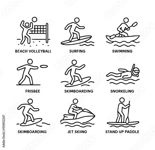 Summer Sports Icons – Black and White Beach Activity Vector Pack