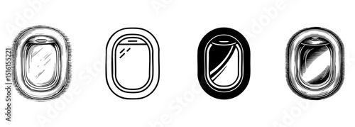 set of airplane porthole window vector illustrations, travel and aviation interior concepts
