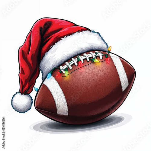 Football with santa hat and christmas lights isolated on white background