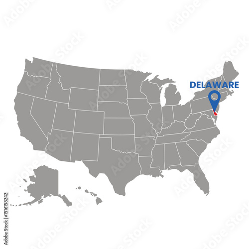 Delaware state is highlighted on a United States map with a location marker and text, useful for geography studies or presentations.