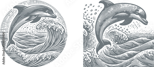 Set of soft green engraving-style woodcut designs featuring a dolphin leaping over ocean waves, perfect for nature-themed art, wildlife projects, and marine illustrations