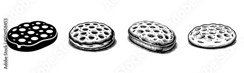 set of focaccia bread vector illustrations, round italian bakery food culinary and artisan concept