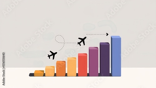 Flight ticket policy   concept. Graphical representation of flight trends with ascending bars and planes in motion.