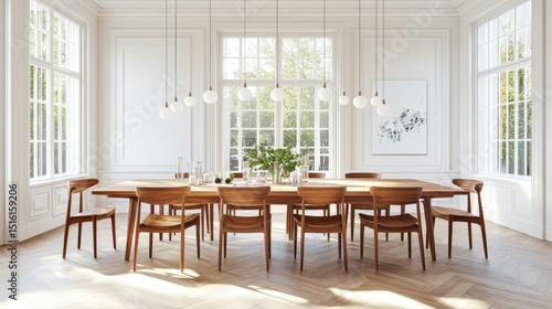 Wooden dining room table and chairs in a bright  elegant space.