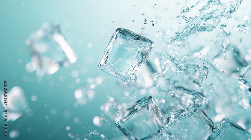 A dynamic and captivating image featuring ice cubes splashing into water, highlighting the freshness and playfulness associated with beverages and cool drinks. A dynamic and captivating image featuring ice cubes splashing into water, highlighting the freshness and playfulness associated with beverages and cool drinks.