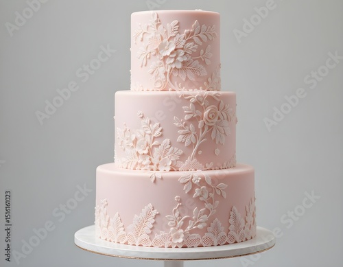 Tiered blush pink weeding cake with delicate floral lace design on isolated transparent background.
