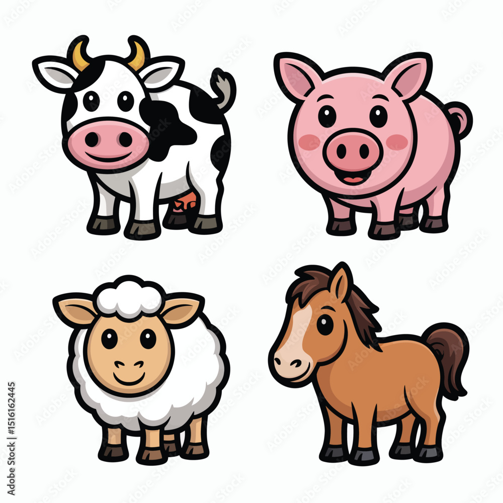 Obraz premium Adorable cartoon farm animals illustration featuring a cow, pig, sheep, and horse perfect for childrens designs and educational resources.