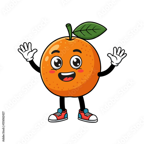 A flat vector cartoon orange fruit character with big eyes, white gloves, and sneakers, waving happily