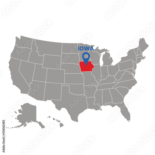 Map of the United States highlighting Iowa in red with a blue pin pointer graphic Ideal for educational or business purposes